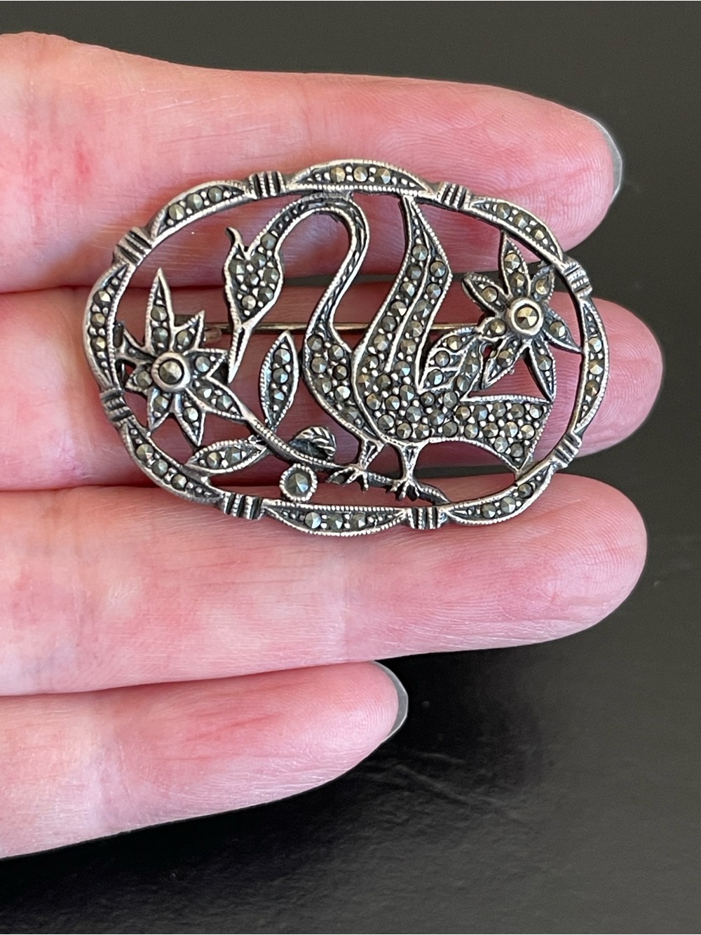Vintage 925 Sterling silver Marcasite Swan Brooch .